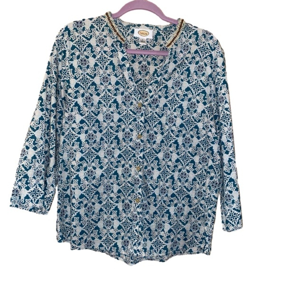 Talbots Bohemian Medallion Print Blouse Large Wood Beaded Collar